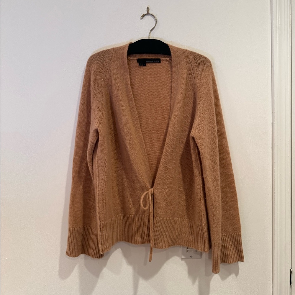 360 Cashmere Tie-Front Open Cardigan Sweater - Camel/Tan